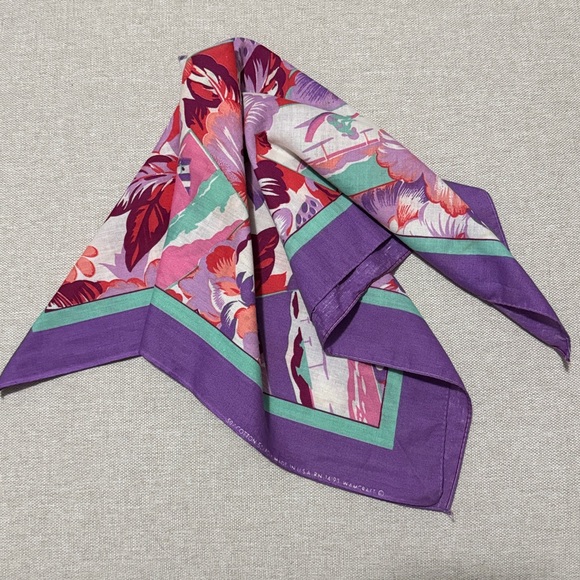 Vintage Accessories - Vintage Cotton Blend Tropical Print Scarf-21x22-Purple/Pink/Turquoise